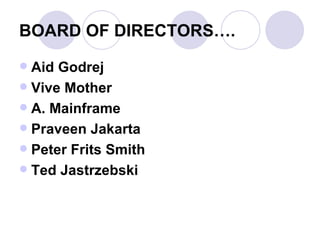 BOARD OF DIRECTORS….
 Aid Godrej
 Vive Mother
 A. Mainframe
 Praveen Jakarta
 Peter Frits Smith
 Ted Jastrzebski
 