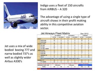Indigo uses a fleet of 150 aircrafts
from AIRBUS – A 320
The advantage of using a single type of
aircraft shows in their profit making
ability in this competitive aviation
sector.
Jet uses a mix of wide
bodied boeing 777 and
narrw bodied 737’s as
well as slightly wider
Airbus A330’s
 