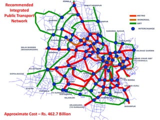 BAKHTAWARPUR
KARAWAL NAGAR
CHILLA
RAJOKARI
KHAIRA
GOPALNAGAR
IBRAHIMPUR
NAJAFGARH
CHHAWLA
DILSHAD GARDEN
AIRPORT
ISBT
BADARPUR
TO GURGAON
DELHI BORDER
(BAHADURGARH)
KANJHAWALA
BAWANA
TO NOIDA
ANAND VIHAR ISBT
(TO VAISHALI)
GOKALPURI
MUKUNDPUR
ROHINI SEC-21
MUNDKA
DABRI MOD
DWARKA
JASOLA
AMBEDKAR NAGAR
VASANT KUNJ
MEHRAULI
KAPASHERA
GULABIBAGH
IG
STADIUM
DHAULAKUAN
CENTRAL
SECTT
NARELA
RAJEEV
CHOWK
KALINDI KUNJ
JASOLA
PUTHKHURD
ARJANGARH
(TO GURGAON)
KONDALI
METRO
MONORAIL
BRT
INTERCHANGE
Recommended
Integrated
Public Transport
Network
Approximate Cost – Rs. 462.7 Billion
 