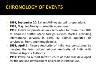  1991, September 20: Sahara Airlines started its operations.
 1993, May: Jet Airways started its operations.
 1995: India’s six private airlines accounted for more than 10%
of domestic traffic. Many foreign airlines started providing
international services. In 1995, 42 airlines operated air
services to, from, and through India.
 1995, April 1: Airport Authority of India was constituted by
merging the International Airport Authority of India with
National Airports Authority.
 1997: Policy on Airport Infrastructure of India was developed
for the use and development of airport infrastructure.
 