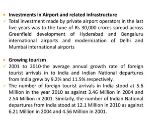  Investments in Airport and related infrastructure
 Total investment made by private airport operators in the last
five years was to the tune of Rs 30,000 crores spread across
Greenfield development of Hyderabad and Bengaluru
international airports and modernization of Delhi and
Mumbai international airports
 Growing tourism
 2001 to 2010-the average annual growth rate of foreign
tourist arrivals in to India and Indian National departures
from India grew by 9.2% and 11.5% respectively.
 The number of foreign tourist arrivals in India stood at 5.6
Million in the year 2010 as against 3.46 Million in 2004 and
2.54 Million in 2001. Similarly, the number of Indian National
departures from India stood at 12.1 Million in 2010 as against
6.21 Million in 2004 and 4.56 Million in 2001.
 
