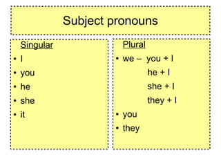 Subject pronouns
    Singular               Plural
●   I                  ●   we – you + I
●   you                             he + I
●   he                              she + I
●   she                             they + I
●   it                 ●   you
                       ●   they
 
