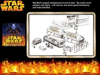 Wal-Mart's largest retailtainment event to date. We made movie
posters, wall signs, a 40’ banner, and some great Chewbacca
and Yoda standees.
 