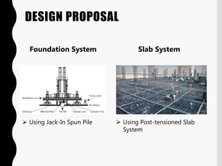 DESIGN PROPOSAL
 Using Post-tensioned Slab
System
 Using Jack-In Spun Pile
Slab SystemFoundation System
 