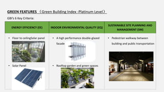 GREEN FEATURES （Green Building Index -Platinum Level）
GBI’s 6 Key Criteria:
ENERGY EFFICIENCY (EE) INDOOR ENVIRONMENTAL QUALITY (EQ)
SUSTAINABLE SITE PLANNING AND
MANAGEMENT (SM)
• Floor to ceilingSolar panel
• Solar Panel
• A high performance double-glazed
facade
• Rooftop garden and green spaces
• Pedestrian walkway between
building and public transportation
 