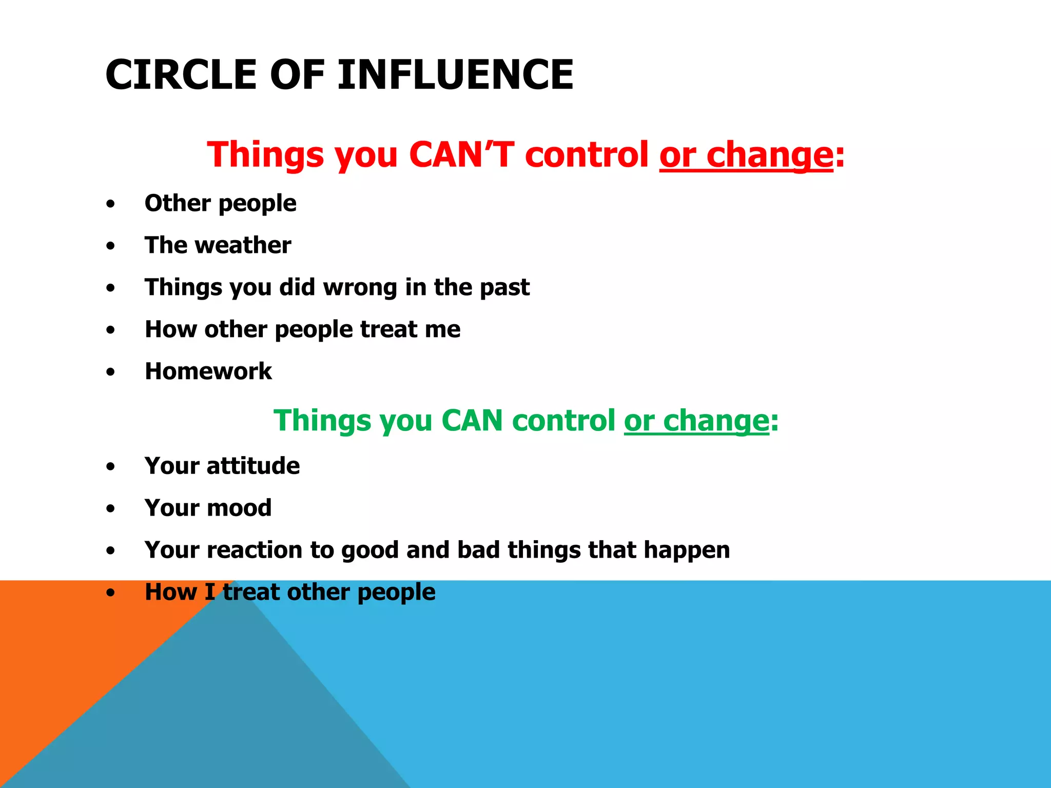 CIRCLE OF INFLUENCE
         Things you CAN’T control or change:
•   Other people
•   The weather
•   Things you did wrong in the past
•   How other people treat me
•   Homework

                Things you CAN control or change:
•   Your attitude
•   Your mood
•   Your reaction to good and bad things that happen
•   How I treat other people
 
