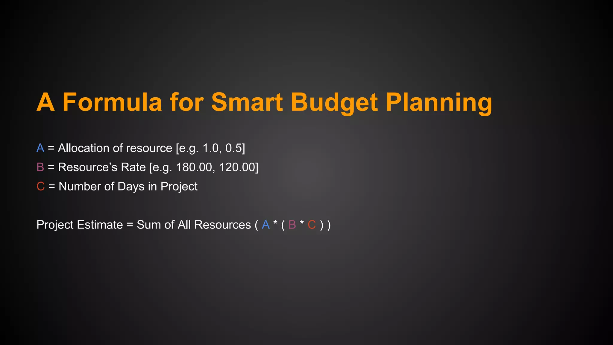 A Formula for Smart Budget Planning
A = Allocation of resource [e.g. 1.0, 0.5]
B = Resource’s Rate [e.g. 180.00, 120.00]
C = Number of Days in Project
Project Estimate = Sum of All Resources ( A * ( B * C ) )

 