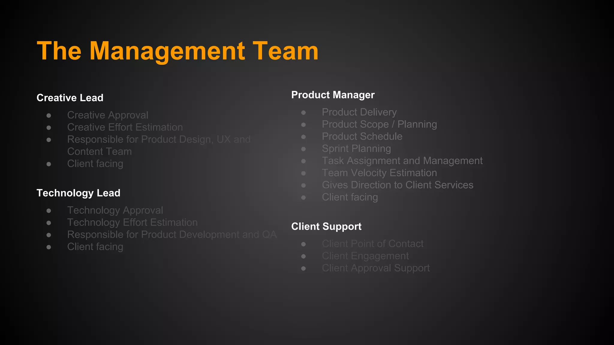The Management Team
Creative Lead
●
●
●
●

Creative Approval
Creative Effort Estimation
Responsible for Product Design, UX and
Content Team
Client facing

Technology Lead
●
●
●
●

Technology Approval
Technology Effort Estimation
Responsible for Product Development and QA
Client facing

Product Manager
●
●
●
●
●
●
●
●

Product Delivery
Product Scope / Planning
Product Schedule
Sprint Planning
Task Assignment and Management
Team Velocity Estimation
Gives Direction to Client Services
Client facing

Client Support
●
●
●

Client Point of Contact
Client Engagement
Client Approval Support

 