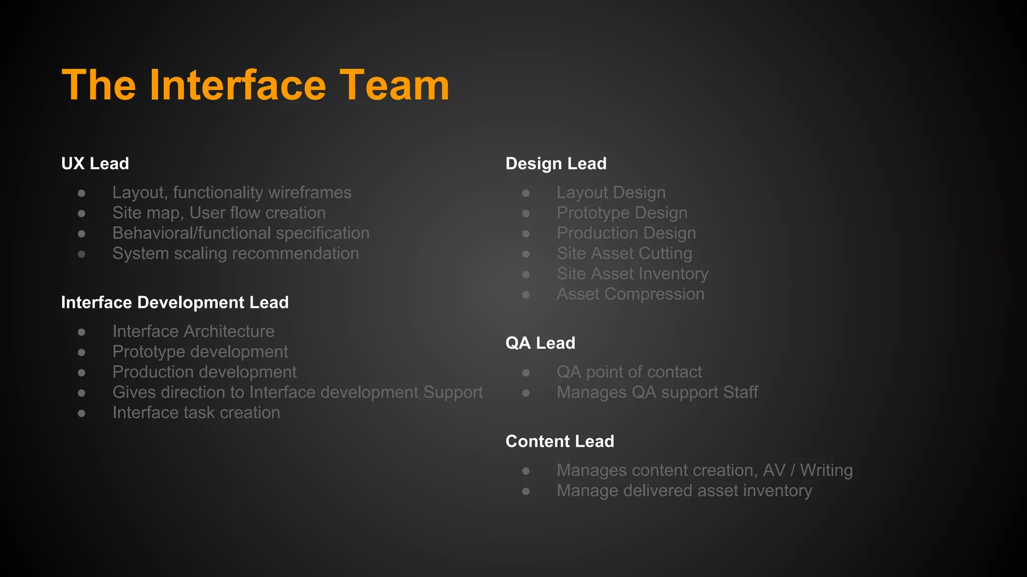 The Interface Team
UX Lead
●
●
●
●

Layout, functionality wireframes
Site map, User flow creation
Behavioral/functional specification
System scaling recommendation

Interface Development Lead
●
●
●
●
●

Interface Architecture
Prototype development
Production development
Gives direction to Interface development Support
Interface task creation

Design Lead
●
●
●
●
●
●

Layout Design
Prototype Design
Production Design
Site Asset Cutting
Site Asset Inventory
Asset Compression

QA Lead
●
●

QA point of contact
Manages QA support Staff

Content Lead
●
●

Manages content creation, AV / Writing
Manage delivered asset inventory

 