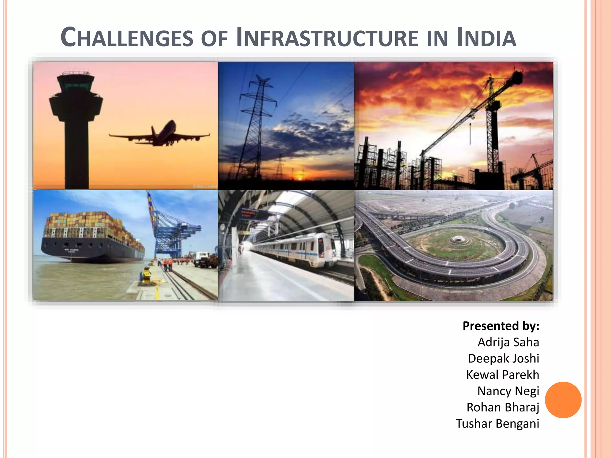 CHALLENGES OF INFRASTRUCTURE IN INDIA
Presented by:
Adrija Saha
Deepak Joshi
Kewal Parekh
Nancy Negi
Rohan Bharaj
Tushar Bengani