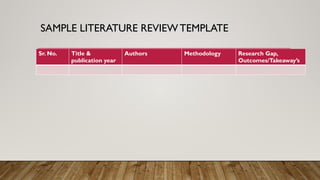 SAMPLE LITERATURE REVIEW TEMPLATE
Sr. No. Title &
publication year
Authors Methodology Research Gap,
Outcomes/Takeaway’s
 