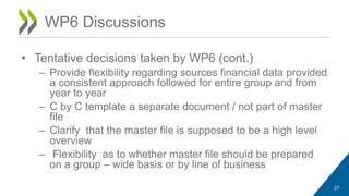 WP6 Discussions 
• Tentative decisions taken by WP6 (cont.) 
– Provide flexibility regarding sources financial data provided 
a consistent approach followed for entire group and from 
year to year 
– C by C template a separate document / not part of master 
file 
– Clarify that the master file is supposed to be a high level 
overview 
– Flexibility as to whether master file should be prepared 
on a group – wide basis or by line of business 
27 
 