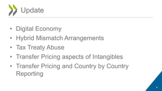 Update 
• Digital Economy 
• Hybrid Mismatch Arrangements 
• Tax Treaty Abuse 
• Transfer Pricing aspects of Intangibles 
• Transfer Pricing and Country by Country 
Reporting 
6 
 