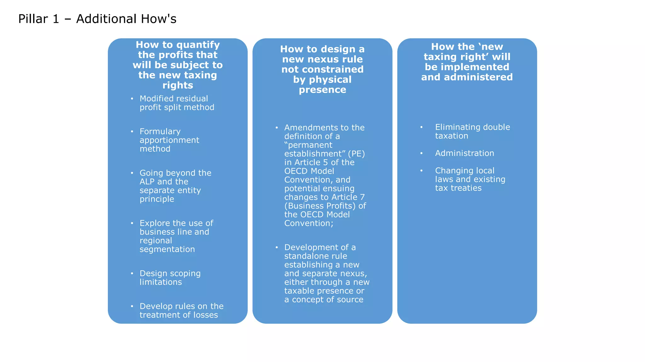 Pillar 1 – Additional How's
How to quantify
the profits that
will be subject to
the new taxing
rights
• Modified residual
profit split method
• Formulary
apportionment
method
• Going beyond the
ALP and the
separate entity
principle
• Explore the use of
business line and
regional
segmentation
• Design scoping
limitations
• Develop rules on the
treatment of losses
How to design a
new nexus rule
not constrained
by physical
presence
• Amendments to the
definition of a
“permanent
establishment” (PE)
in Article 5 of the
OECD Model
Convention, and
potential ensuing
changes to Article 7
(Business Profits) of
the OECD Model
Convention;
• Development of a
standalone rule
establishing a new
and separate nexus,
either through a new
taxable presence or
a concept of source
How the ‘new
taxing right’ will
be implemented
and administered
• Eliminating double
taxation
• Administration
• Changing local
laws and existing
tax treaties
 
