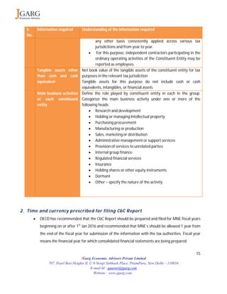 15
JGarg Economic Advisors Private Limited
707, Pearl Best Heights II, C-9 Netaji Subhash Place, PitamPura, New Delhi – 110034
E-mail Id : gaurav@jgarg.com
Website : www.jgarg.com
S.
No.
Information required Understanding of the information required
any other basis consistently applied across various tax
jurisdictions and from year to year.
 For this purpose, independent contractors participating in the
ordinary operating activities of the Constituent Entity may be
reported as employees.
Tangible assets other
than cash and cash
equivalent
Net book value of the tangible assets of the constituent entity for tax
purposes in the relevant tax jurisdiction
Tangible assets for this purpose do not include cash or cash
equivalents, intangibles, or financial assets.
Main business activities
of each constituent
entity
Define the role played by constituent entity in each in the group.
Categorize the main business activity under one or more of the
following heads:
 Research and development
 Holding or managing Intellectual property
 Purchasing procurement
 Manufacturing or production
 Sales, marketing or distribution
 Administrative management or support services
 Provision of services to unrelated parties
 Internal group finance
 Regulated financial services
 Insurance
 Holding shares or other equity instruments
 Dormant
 Other – specify the nature of the activity
2. Time and currency prescribed for filing CbC Report
 OECD has recommended that the CbC Report should be prepared and filed for MNE fiscal years
beginning on or after 1st
Jan 2016 and recommended that MNE’s should be allowed 1 year from
the end of the fiscal year for submission of the information with the tax authorities. Fiscal year
means the financial year for which consolidated financial statements are being prepared.
 