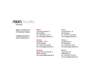 Milano
via Vincenzo Monti, 8
20123 Milano
tel. +39 02 48 10 04 71
info.milano@nodastudio.it
Venezia
San Marco, 2757
30124 Venezia
tel. +39 041 52 04 488
info.venezia@nodastudio.it
Verbania
piazza Antonio Gramsci, 2
28922 Verbania
info.verbania@nodastudio.it
Roma
via Crescenzio, 16
00193 Roma
tel. +39 06 77 20 66 26
info.roma@nodastudio.it
Brescia
via Aldo Moro, 5
25124 Brescia
tel. +39 030 22 12 64
info.brescia@nodastudio.it
Monza
corso Italia, 46
20900 Monza
tel. +39 039 27 52 819
info.monza@nodastudio.it
Italian member firm
of Andersen Global
info@nodastudio.it
www.nodastudio.it
 