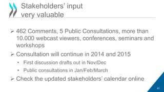  462 Comments, 5 Public Consultations, more than 
10.000 webcast viewers, conferences, seminars and 
workshops 
 Consultation will continue in 2014 and 2015 
• First discussion drafts out in Nov/Dec 
• Public consultations in Jan/Feb/March 
 Check the updated stakeholders’ calendar online 
43 
Stakeholders’ input 
very valuable 
 
