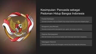 Kesimpulan: Pancasila sebagai
Pedoman Hidup Bangsa Indonesia
Fondasi Kehidupan
Pancasila merupakan dasar dan falsafah hidup bangsa Indonesia yang harus dipegang teguh.
Keragaman yang Menyatu
Pancasila menjadi perekat keberagaman suku, agama, dan budaya di Indonesia.
Pedoman Bermasyarakat
Nilai-nilai Pancasila harus diimplementasikan dalam kehidupan sehari-hari di masyarakat.
Kebanggaan Nasional
Pancasila adalah identitas dan kebanggaan nasional yang harus dijaga dan dilestarikan.
 