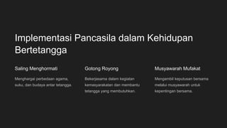Implementasi Pancasila dalam Kehidupan
Bertetangga
Saling Menghormati
Menghargai perbedaan agama,
suku, dan budaya antar tetangga.
Gotong Royong
Bekerjasama dalam kegiatan
kemasyarakatan dan membantu
tetangga yang membutuhkan.
Musyawarah Mufakat
Mengambil keputusan bersama
melalui musyawarah untuk
kepentingan bersama.
 