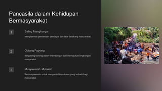 Pancasila dalam Kehidupan
Bermasyarakat
1 Saling Menghargai
Menghormati perbedaan pendapat dan latar belakang masyarakat.
2 Gotong Royong
Bergotong royong dalam membangun dan memajukan lingkungan
masyarakat.
3 Musyawarah Mufakat
Bermusyawarah untuk mengambil keputusan yang terbaik bagi
masyarakat.
 