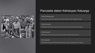 Pancasila dalam Kehidupan Keluarga
Saling Menghargai
Menghormati perbedaan pendapat dan latar belakang antar anggota keluarga.
Keharmonisan
Memelihara hubungan yang harmonis dan penuh kasih sayang dalam keluarga.
Kekeluargaan
Membantu dan mendukung satu sama lain demi kesejahteraan bersama.
Musyawarah
Mengambil keputusan penting dalam keluarga melalui musyawarah dan mufakat.
 