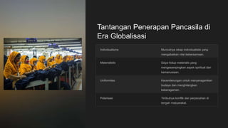 Tantangan Penerapan Pancasila di
Era Globalisasi
Individualisme Munculnya sikap individualistis yang
mengabaikan nilai kebersamaan.
Materialistis Gaya hidup materialis yang
mengesampingkan aspek spiritual dan
kemanusiaan.
Uniformitas Kecenderungan untuk menyeragamkan
budaya dan menghilangkan
keberagaman.
Polarisasi Timbulnya konflik dan perpecahan di
tengah masyarakat.
 