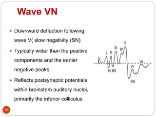 Wave VN
52
 Downward deflection following
wave V( slow negativity (SN)
 Typically wider than the positive
components and the earlier
negative peaks
 Reflects postsynaptic potentials
within brainstem auditory nuclei,
primarily the inferior colliculus
 