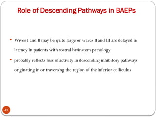 Role of Descending Pathways in BAEPs
42
 Waves I and II may be quite large or waves II and III are delayed in
latency in patients with rostral brainstem pathology
 probably reflects loss of activity in descending inhibitory pathways
originating in or traversing the region of the inferior colliculus
 