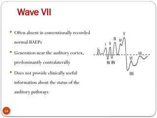 Wave VII
54
 Often absent in conventionally recorded
normal BAEPs
 Generation near the auditory cortex,
predominantly contralaterally
 Does not provide clinically useful
information about the status of the
auditory pathways
 