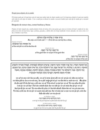 Berajot para después de la comida
Del mismo modo que la berajá para antes de comer pan incluye todas las demás comidas con él, la berajá para después de comer pan también
cubre todos los otros tipos de comida. Si no se comió pan en durante la comida es necesario bendecir para cada tipo de comida que se consumió
por separado.
Después de tomar vino, comer harinas y frutas
Después de haber tomado vino, comido productos hechos de harina de los cinco granos que crecen en la tierra de Israel o comida de las cinco
frutas de la tierra de Israel (uvas, higos, aceitunas, granadas, y dátiles) dirá esta berajá añadiendo el inciso adecuado y los versos extras si el
día es Shabbat o una Fiesta.
,m¨lFr¨d K¤l«¤n Epi«¥dŸl¡` ¨i§i d¨Y ©` KEx¨A
Ba-rúj a-tá A-do-nái (pausa) E-lo-hé-nu mé-lej ha-o-lám,
(después de harinas)
,d¨l¨M§l©M ©d l©r§e d¨i §g ¦O ©d l©r
al ha-mi-jiá ve-al ha-kal-ka-lá
(después de vino)
,o¤t«¤B ©d i ¦x §R l©r§e o¤t«¤B ©d l©r
al ha-gué-fen ve-al pe-rí ha-gué-fen
(después de frutas)
,u¥r¨d i ¦x §R l©r§e u¥r¨d l©r
al ha-étz ve-al pe-rí ha-etz
©rF «A §U¦l§e D¨i §x ¦R ¦n lFk¡`¤l ,Epi«¥zFa£`©l ¨Y§l«©g§p ¦d§e ¨zi«¦v ¨x ¤W ,d¨a¨g §xE d¨aFh d ¨C §n¤g u ¤x«¤` l©r§e ,d ¤c¨V ©d z©aEp §Y l©r§e
,L«¤g §A§f ¦n l©r§e ,L«¤cFa §M o©M §W ¦n oFI¦v l©r§e ,L«¤xi ¦r m¦i«©l¨WEx§i l©r§e ,L«¤O©r l¥` ¨x §U¦i l©r ,Epi«¥dŸl¡` ¨i§i ,`¨p m ¤g ©x .D¨aEH ¦n
l©k`Ÿp§e ,D¨p¨i§p ¦a §A Ep«¥g §O ©U§e ,D¨kFz§l Ep«¥l£r ©d§e ,Epi«¥n¨i §a d ¨x¥d §n¦A W ¤c «ŸT ©d xi ¦r m¦i«©l¨WEx§i d¥p §aE .L«¤l¨ki¥d l©r§e
.d ¨x¢d ¨h §aE d¨Xªc §w ¦A ¨di«¤l¨r L§k ¤x¨a§pE ,D¨aEH ¦n r©A §U¦p§e D¨i §x ¦R ¦n
ve-al te-nu-vát ha-sa-dé, ve-al é-retz jem-dá to-vá ur-ja-vá she-ra-tzí-ta
ve-hin-jál-ta la-a-vo-té-nu, le-e-jól mip-pi-ri-yá ve-lis-bó-a mit-tu-vá. Ra-jém
A-do-nái E-lo-hé-nu a-lé-nu ve-al Yis-rá-el a-mé-ja ve-al Ye-ru-sha-lá-yim
i-ré-ja ve-al har Tzi-ón mish-kán ke-vo-dé-ja ve-al miz-be-jé-ja ve-al
hei-ja-lé-ja uv-né Ye-ru-sha-lá-yim ir ha-kó-desh bim-he-rá ve-yá-me-nu.
Ve-ha-a-lé-nu le-to-já ve-sam-me-jéi-nu be-vi-nia-ná u-ne-va-re-je-já a-le-ha
bik-du-shá uv-to-jo-rá
(en Shabbat se añade)
.d¤G ©d z¨A ©X ©d mFi §A Ep«¥vi¦l£g ©d§e d¥v §xE
u-re-tzé ve-ha-ja-li-tzé-nu ve-yóm hash-sha-bát ha-zé
(en Rosh Jodesh se añade)
d¤G ©d W ¤c «Ÿg ©d W`Ÿx mFi §A ,d¨aFh§l Ep «¥x §k¨f§e.
ve-zoj-ré-nu le-to-vá ve-yóm rosh ha-jó-desh ha-zé
 