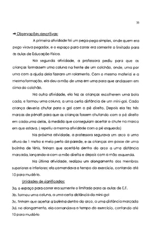 33
-+Observações descritivas:
A primeira atividade foi um pega-pega simples, onde quem era
pego virava pegador, e o espaço para correr era somente o limitado para
as aulas de Educação Física.
Na segunda atividade, a professora pediu para que as
crianças formassem uma coluna na frente de um colchão, onde, uma por
uma com a ajuda dela fizeram um rolamento. Com o mesmo material e a
mesma formação, ela deu a mão de uma em uma para que andassem em
cima do colchão.
Na outra atividade, ela fez as crianças escolherem uma bola
cada, e formou uma coluna, a uma certa distância de um mini-gol. Cada
criança deveria chutar para o gol com o pé direito. Depois ela fez três
marcas de pênalti para que as crianças fossem chutando com o pé direito
em cada uma delas, à medida que conseguiam acertar o chute na marca
em que estava. ( repetiu a mesma atividade com o pé esquerdo)
Na próxima atividade, a professora segurava um arco a uma
altura de 1 metro e meio perto da parede, e as crianças em posse de uma
bolinha de tênis, tinham que acertá-la dentro do arco a uma distância
marcada, lançando-a com a mão direita e depois com a mão esquerda.
Na última atividade, realizou um alongamento dos membros
superiores e inferiores; ela comandava o tempo do exercício, contando até
1Opara mudá-lo.
Unidades de significados:
3a. o espaço para correr era somente o limitado para as aulas de E.F.
3b. formou uma coluna, a uma certa distância do mini-gol
3c. tinham que acertar a bolinha dentro do arco, a uma distância marcada
3d. no alongamento, ela comandava o tempo do exercfcio, contando até
10 para mudá-lo
 