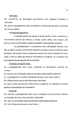34
Redução:
3A= (3a+3b+3c) as atividades aconteciam com espaços limitados e
marcados
3B= (3d) no alongamento, ela comandava o tempo de exercício contando
até I Opara alterar
-+ Entrevista descritiva:
O planejamento da escola é anual, tendo como conteúdo os
movimentos naturais da criança, o andar, correr, saltar, rolar, lançar....Eia
procura nas suas atividades explorar bastante a percepção espacial.
No planejamento, a professora inclui atividades rítmicas mas
não as aplica, porque acha muito repetitivo, já que a escola oferece aulas
de balé e de música. Ela se utiliza bem pouco de música durante as suas
aulas, e não se utiliza de nenhum instrumento ou palmas, ou a própria voz
para ajudar na percepção do movimento.
Unidades de significados:
3a. o planejamento tem como conteúdo os movimentos naturais da
cnança
3b. procura nas atividades explorar bastante a percepção espacial
3c. o planejamento contém atividades rítmicas, mas não os aplica
3d. utiliza-se bem pouco de música nas suas aulas
3e. não se utiliza de nenhum instrumento ou palmas, ou a própria voz para
ajudar na percepção do movimento
Redução
3A= (3a+3c) o planejamento tem como conteúdo os movimentos naturais
e atividades rítmicas, mas esta não é aplicada
3B= (3b) nas atividades explora bastante a percepção espacial
3C= (3d) utiliza-se bem pouco de música
 