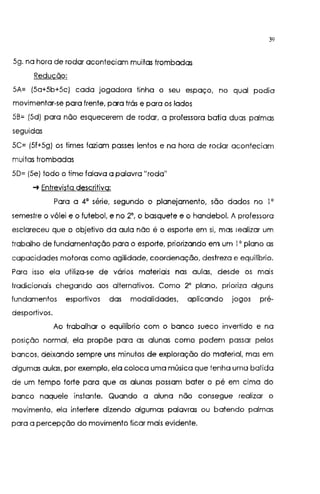 39
5g. na hora de rodar aconteciam muitas trombadas
Redução:
5A= (5a+5b+5c) cada jogadora tinha o seu espaço, no qual podia
movimentar-se para frente, para trás e para os lados
5B= (5d) para não esquecerem de rodar, a professora batia duas palmas
seguidas
5C= (5f+5g) os times faziam passes lentos e na hora de rodar aconteciam
muitas trombadas
5D= (Se) todo o time falava a palavra "roda"
-+ Entrevista descritiva:
Para a 4' série, segundo o planejamento, são dados no 1o
semestre o vôlei e o futebol, e no 2°, o basquete e o handebol. A professora
esclareceu que o objetivo da aula não é o esporte em si, mas realizar um
trabalho de fundamentação para o esporte, priorizando em um 1° plano as
capacidades motoras como agilidade, coordenação, destreza e equilíbrio.
Para isso ela utiliza-se de vários materiais nas aulas, desde os mais
tradicionais chegando aos alternativos. Como 2° plano, priorizo alguns
fundamentos esportivos das modalidades, aplicando jogos pré-
desportivos.
Ao trabalhar o equilíbrio com o banco sueco invertido e na
posição normal, ela propõe para as alunas como podem passar pelos
bancos, deixando sempre uns minutos de exploração do material, mas em
algumas aulas, por exemplo, ela coloca uma música que lenha urna batida
de um tempo forte para que as alunas possam bater o pé em cima do
banco naquele instante. Quando a aluna não consegue realizar o
movimento, ela interfere dizendo algumas palavras ou batendo palmas
para a percepção do movimento ficar mais evidente.
 