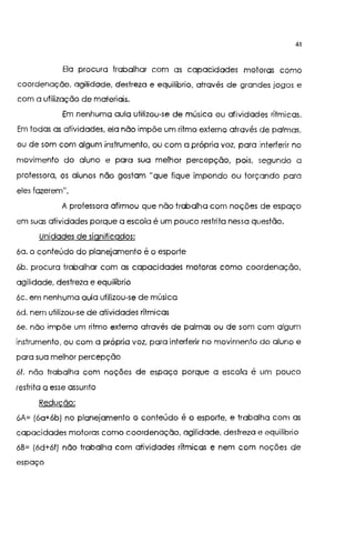 44
Ela procura trabalhar com as capacidades motoras como
coordenação, agilidade, destreza e equilíbrio, através de grandes jogos e
com a utilização de materiais.
Em nenhuma aula utilizou-se de música ou atividades rítmicas.
Em todas as atividades, ela não impõe um ritmo externo através de palmas.
ou de som com algum instrumento, ou com a própria voz, para interferir no
movimento do aluno e para sua melhor percepção, pois, segundo a
professora, os alunos não gostam "que fique impondo ou forçando para
eles fazerem".
A professora afirmou que não trabalha com noções de espaço
em suas atividades porque a escola é um pouco restrita nessa questão.
Unidades de significados:
6a. o conteúdo do planejamento é o esporte
6b. procura trabalhar com as capacidades motoras como coordenação,
agilidade, destreza e equilíbrio
6c. em nenhuma aula utilizou-se de música
6d. nem utilizou-se de atividades rítmicas
6e. não impõe um ritmo externo através de palmas ou de som com algum
instrumento, ou com a própria voz, para interferir no movimento do aluno e
para sua melhor percepção
61. não trabalha com noções de espaço porque a escola é um pouco
restrita a esse assunto
Redução:
6A= (6a+6b) no planejamento o conteúdo é o esporte, e trabalha com as
capacidades motoras como coordenação, agilidade, destreza e equilíbrio
6B= (6d+6f) não trabalha corn atividades rítmicas e nem com noções de
espaço
 