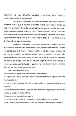 46
obstáculos nas mais diferentes posições, e ganhava quem fizesse o
caminho no menor tempo possível.
Na quarta atividade, as crianças fizeram uma roda com um
diametro menor que a anterior. O bastão ficava na vertical à frente do
corpo de cada um. Quando o professor apitava uma vez eles deveriam
soltar o bastão e pegar o da sua direita. Ficou um bom tempo para esse
lado, depois para a esquerda com o som de um apito também. Para variar,
o professor mostrava com a mão um número, onde o 1 era para girar a
direita e o 2 era para a esquerda.
Na última atividade, as crianças abriram uma roda maior que
as anteriores, e colocaram o bastão no chão à frente de cada um. Um por
vez sendo que o primeiro começava sem o bastão. Então, o aluno ia
pulando os bastões, no sentido horário, quando ouvisse um apito, ele
deveria parar na frente do último bastão que pulou e passar por debaixo
das pernas do amigo. Feito isso, ele deveria pegar o bastão desse amigo e
voltar para o seu lugar pulando os bastões ,no sentido anti-horário, e voltar
pulando com um só pé para o seu lugar.
Unidades de significados:
la. atravessar o espaço de meia quadra de handebol
7b. o professor falava para seus alunos atravessarem mais rápido, dizendo
"vai mais rápido"
7c. ele apitava uma vez, eles tinham que soltar o bastão no chão e sair
correndo
7d. ele apitava duas vezes seguidas, eles deveriam pegar qualquer bastão
e voltar a andarem de cavalinho
le. alunos em uma roda bem aberta
7f. percorrer a roda com os obstáculos nas mais diferentes posições
7g. as crianças fizeram uma roda com um diâmetro menor que a anterior
 