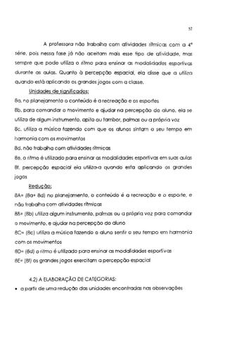 52
A professora não trabalha com atividades rítmicas com a 4'
série, pois nessa fase já não aceitam mais esse tipo de atividade, mas
sempre que pode utiliza o ritmo para ensinar as modalidades esportivas
durante as aulas. Quanto à percepção espacial, ela disse que a utiliza
quando está aplicando os grandes jogos com a classe.
Unidades de significados:
Sa. no planejamento o conteúdo é a recreação e os esportes
8b. para comandar o movimento e ajudar na percepção do aluno, ela se
utiliza de algum instrumento, apito ou tambor, palmas ou a própria voz
Se. utiliza a música fazendo com que os alunos sintam o seu tempo em
harmonia com os movimentos
8d. não trabalha com atividades rítmicas
Se. o ritmo é utilizado para ensinar as modalidades esportivas em suas aulas
Sf. percepção espacial ela utiliza-a quando esta aplicando os grandes
jogos
Redução:
8A= {Sa+ Sd) no planejamento, o conteúdo é a recreação e o esporte, e
não trabalha com atividades rítmicas
SB= {Sb) utiliza algum instrumento, palmas ou a própria voz para comandar
o movimento, e ajudar na percepção do aluno
BC= (Se) utiliza a música fazendo o aluno sentir o seu tempo em harmonia
com os movimentos
SD= (Sd) o ritmo é utilizado para ensinar as modalidades esportivas
SE= (81) os grandes jogos exercitam a percepção espacial
4.2) A ELABORAÇÃO DE CATEGORIAS:
• a partir de uma redução das unidades encontradas nas observações
 