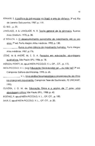 82
KRAMER, S. A política do pré-escolar no Brasil: a arte do disfarce. 3' ed. Rio
de Janeiro: Dois pontos. 1987. p. 119.
ID. IBID., p. 20.
lANGlADE, A & lANGlADE, N. R. Teoria general de la gimnasia. Buenos
Aires: Stadium. 1970. p. 38.
lE BOUlCH, J. O desenvolvimento psicomotor do nascimento até os seis
anos. 7' ed. Porto Alegre: Artes médicas, 1992. p. 130.
______ Rumo a uma ciência do movimento humano. Porto Alegre:
Artes médicas. 1987. p.l76.
LÜDKE, M & ANDRÉ, M. E. D. A. Pesquisa em educação: abordagens
qualitativas. São Paulo: EPU. 1986. p. 18.
MERLEAU PONTY, M. apud NISTA-PICCOLO, V. L. OP., ClT., p. 175.
NISTA-PICCOLO, V. L. (org) Educação Física escolar: ser ....ou não ter? 3' ed.
Campinas: Editora da Unicamp. 1995. p. 65.
______, V. L. Uma análise fenomenológica da percepção do ritmo
na criança em movimento. Campinas: Tese de Doutorado, FE UNICAMP.
1993.
OLIVEIRA, J. G. M. de. Educação Física e o ensino de I' grau: uma
abordagem crítica. São Paulo: EPU,. 1988. p. 42.
ROETHIG, P. apud NISTA-PICCOLO, V. L., OP. ClT., p. 180.
SAUR, E. apud NISTA-PICCOlO, V. L., OP. ClT., p. 20.
 