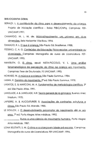 83
BIBLIOGRAFIA GERAL
BERALDI, L. A contribuição do ritmo para o desenvolvimento da criança.
Projeto de iniciação científica - Bolsa PIBIC/CNPq. Campinas: FEF-
UNICAMP.1997.
CAMARGO, M. L. M. de. Música/movimento: um unrverso em duas
dimensões. Belo Horizonte: Vila Rica. 1994.
DAMAZIO, R. L. O que é criança. São Paulo: Ed. Brasiliense. 1988.
FEDERICI, C. A. G. Conteúdos da Educação Física escolar: universidade ou
diversidade. Campinas: Monografia do curso de Licenciatura. FEF-
UNICAMP. 1995.
HANEBUTH, O. El ritmo. apud: NISTA-PICCOLO, V. L. Uma análise
fenomenológica da percepção do ritmo na criança em movimento.
Campinas: Tese de Doutorado, FE UNICAMP. 1993.
HOWARD, W. A música e a criança. São Paulo: Summus. 1984.
LABAN, R. Domínio do movimento. 2" ed. São Paulo: Summus. 1978.
LAKATOS, E. & MARCONI, M. A. Fundamentos de metodologia científica. 3"
ed. São Paulo: Atlas. 1991.
LANGLADE, A & LANGLADE, N.R. Teoria general de la gimnasia. Buenos Aires:
Stadium. 1970.
LAPIERRE, A. & AUCOUTURIER, B. Associações de contrastes: estruturas e
ritmos. São Paulo: Ed. Maneie. 1985.
LE BOULCH, J. O desenvolvimento psicomotor do nascimento até os seis
anos. 7' ed. Porto Alegre: Artes médicas. 1992.
______ Rumo a uma ciência do movimento humano. Porto Alegre:
Artes médicas. 1987.
LONA BELETATTI, S. M. O ritmo e a criança em idade pré-escolar. Campinas:
Monografia do curso de Licenciatura. FEF-UNICAMP. 1996.
 