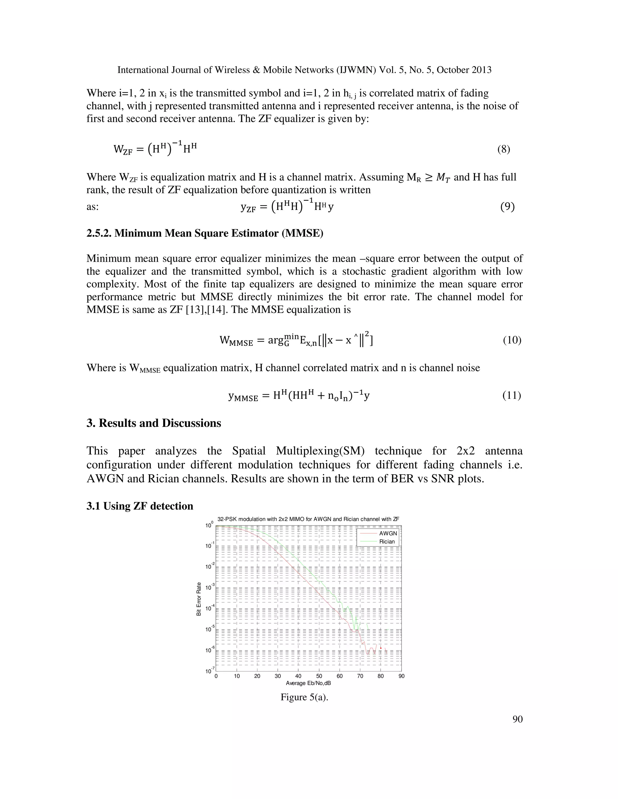 International Journal of Wireless & Mobile Networks (IJWMN) Vol. 5, No. 5, October 2013

Where i=1, 2 in xi is the transmitted symbol and i=1, 2 in hi, j is correlated matrix of fading
channel, with j represented transmitted antenna and i represented receiver antenna, is the noise of
first and second receiver antenna. The ZF equalizer is given by:
ିଵ

W୞୊ = ൫H ୌ ൯ Hୌ

(8)

Where WZF is equalization matrix and H is a channel matrix. Assuming MR ൒ ‫ ்ܯ‬and H has full
rank, the result of ZF equalization before quantization is written
ିଵ
as:
y୞୊ = ൫H ୌ H൯ HH y
(9)
2.5.2. Minimum Mean Square Estimator (MMSE)
Minimum mean square error equalizer minimizes the mean –square error between the output of
the equalizer and the transmitted symbol, which is a stochastic gradient algorithm with low
complexity. Most of the finite tap equalizers are designed to minimize the mean square error
performance metric but MMSE directly minimizes the bit error rate. The channel model for
MMSE is same as ZF [13],[14]. The MMSE equalization is
ଶ

W୑୑ୗ୉ = arg ୫୧୬ E୶,୬ ሾฮx െ x ^ ฮ ሿ
ୋ

(10)

Where is WMMSE equalization matrix, H channel correlated matrix and n is channel noise
y୑୑ୗ୉ = H ୌ (HH ୌ ൅ n୭ I୬ )ିଵ y

(11)

3. Results and Discussions
This paper analyzes the Spatial Multiplexing(SM) technique for 2x2 antenna
configuration under different modulation techniques for different fading channels i.e.
AWGN and Rician channels. Results are shown in the term of BER vs SNR plots.
3.1 Using ZF detection
32-PSK modulation with 2x2 MIMO for AWGN and Rician channel with ZF

0

10

AWGN
Rician

-1

10

-2

Bit Error Rate

10

-3

10

-4

10

-5

10

-6

10

-7

10

0

10

20

30

40
50
Average Eb/No,dB

60

70

80

90

Figure 5(a).
90

 