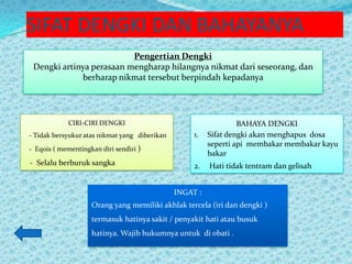 SIFAT DENGKI DAN BAHAYANYA
                          Pengertian Dengki
 Dengki artinya perasaan mengharap hilangnya nikmat dari seseorang, dan
             berharap nikmat tersebut berpindah kepadanya




            CIRI-CIRI DENGKI                                      BAHAYA DENGKI
- Tidak bersyukur atas nikmat yang diberikan        1.   Sifat dengki akan menghapus dosa
                                                         seperti api membakar membakar kayu
- Eqois ( mementingkan diri sendiri )
                                                         bakar
- Selalu berburuk sangka                            2.   Hati tidak tentram dan gelisah


                                               INGAT :
                    Orang yang memiliki akhlak tercela (iri dan dengki )
                    termasuk hatinya sakit / penyakit hati atau busuk
                    hatinya. Wajib hukumnya untuk di obati .
 