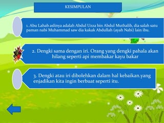 KESIMPULAN



1. Abu Lahab aslinya adalah Abdul Uzza bin Abdul Muthalib, dia salah satu
paman nabi Muhammad saw dia kakak Abdullah (ayah Nabi) lain ibu.




   2. Dengki sama dengan iri. Orang yang dengki pahala akan
            hilang seperti api membakar kayu bakar


   3. Dengki atau iri dibolehkan dalam hal kebaikan.yang
   enjadikan kita ingin berbuat seperti itu.
 