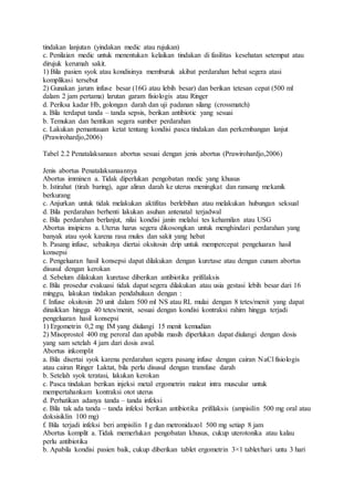 tindakan lanjutan (yindakan medic atau rujukan)
c. Penilaian medic untuk menentukan kelaikan tindakan di fasilitas kesehatan setempat atau
dirujuk kerumah sakit.
1) Bila pasien syok atau kondisinya memburuk akibat perdarahan hebat segera atasi
komplikasi tersebut
2) Gunakan jarum infuse besar (16G atau lebih besar) dan berikan tetesan cepat (500 ml
dalam 2 jam pertama) larutan garam fisiologis atau Ringer
d. Periksa kadar Hb, golongan darah dan uji padanan silang (crossmatch)
a. Bila terdapat tanda – tanda sepsis, berikan antibiotic yang sesuai
b. Temukan dan hentikan segera sumber perdarahan
c. Lakukan pemantauan ketat tentang kondisi pasca tindakan dan perkembangan lanjut
(Prawirohardjo,2006)
Tabel 2.2 Penatalaksanaan abortus sesuai dengan jenis abortus (Prawirohardjo,2006)
Jenis abortus Penatalaksanaannya
Abortus imminen a. Tidak diperlukan pengobatan medic yang khusus
b. Istirahat (tirah baring), agar aliran darah ke uterus meningkat dan ransang mekanik
berkurang
c. Anjurkan untuk tidak melakukan aktifitas berlebihan atau melakukan hubungan seksual
d. Bila perdarahan berhenti lakukan asuhan antenatal terjadwal
e. Bila perdarahan berlanjut, nilai kondisi janin melalui tes kehamilan atau USG
Abortus insipiens a. Uterus harus segera dikosongkan untuk menghindari perdarahan yang
banyak atau syok karena rasa mules dan sakit yang hebat
b. Pasang infuse, sebaiknya diertai oksitosin drip untuk mempercepat pengeluaran hasil
konsepsi
c. Pengeluaran hasil konsepsi dapat dilakukan dengan kuretase atau dengan cunam abortus
disusul dengan kerokan
d. Sebelum dilakukan kuretase diberikan antibiotika prifilaksis
e. Bila prosedur evakuasi tidak dapat segera dilakukan atau usia gestasi lebih besar dari 16
minggu, lakukan tindakan pendahuluan dengan :
f. Infuse oksitosin 20 unit dalam 500 ml NS atau RL mulai dengan 8 tetes/menit yang dapat
dinaikkan hingga 40 tetes/menit, sesuai dengan kondisi kontraksi rahim hingga terjadi
pengeluaran hasil konsepsi
1) Ergometrin 0,2 mg IM yang diulangi 15 menit kemudian
2) Misoprostol 400 mg peroral dan apabila masih diperlukan dapat diulangi dengan dosis
yang sam setelah 4 jam dari dosis awal.
Abortus inkomplit
a. Bila disertai syok karena perdarahan segera pasang infuse dengan cairan NaCl fisiologis
atau cairan Ringer Laktat, bila perlu disusul dengan transfuse darah
b. Setelah syok teratasi, lakukan kerokan
c. Pasca tindakan berikan injeksi metal ergometrin maleat intra muscular untuk
mempertahankam kontraksi otot uterus
d. Perhatikan adanya tanda – tanda infeksi
e. Bila tak ada tanda – tanda infeksi berikan antibiotika prifilaksis (ampisilin 500 mg oral atau
doksisiklin 100 mg)
f. Bila terjadi infeksi beri ampisilin I g dan metronidazol 500 mg setiap 8 jam
Abortus komplit a. Tidak memerlukan pengobatan khusus, cukup uterotonika atau kalau
perlu antibiotika
b. Apabila kondisi pasien baik, cukup diberikan tablet ergometrin 3×1 tablet/hari untu 3 hari
 