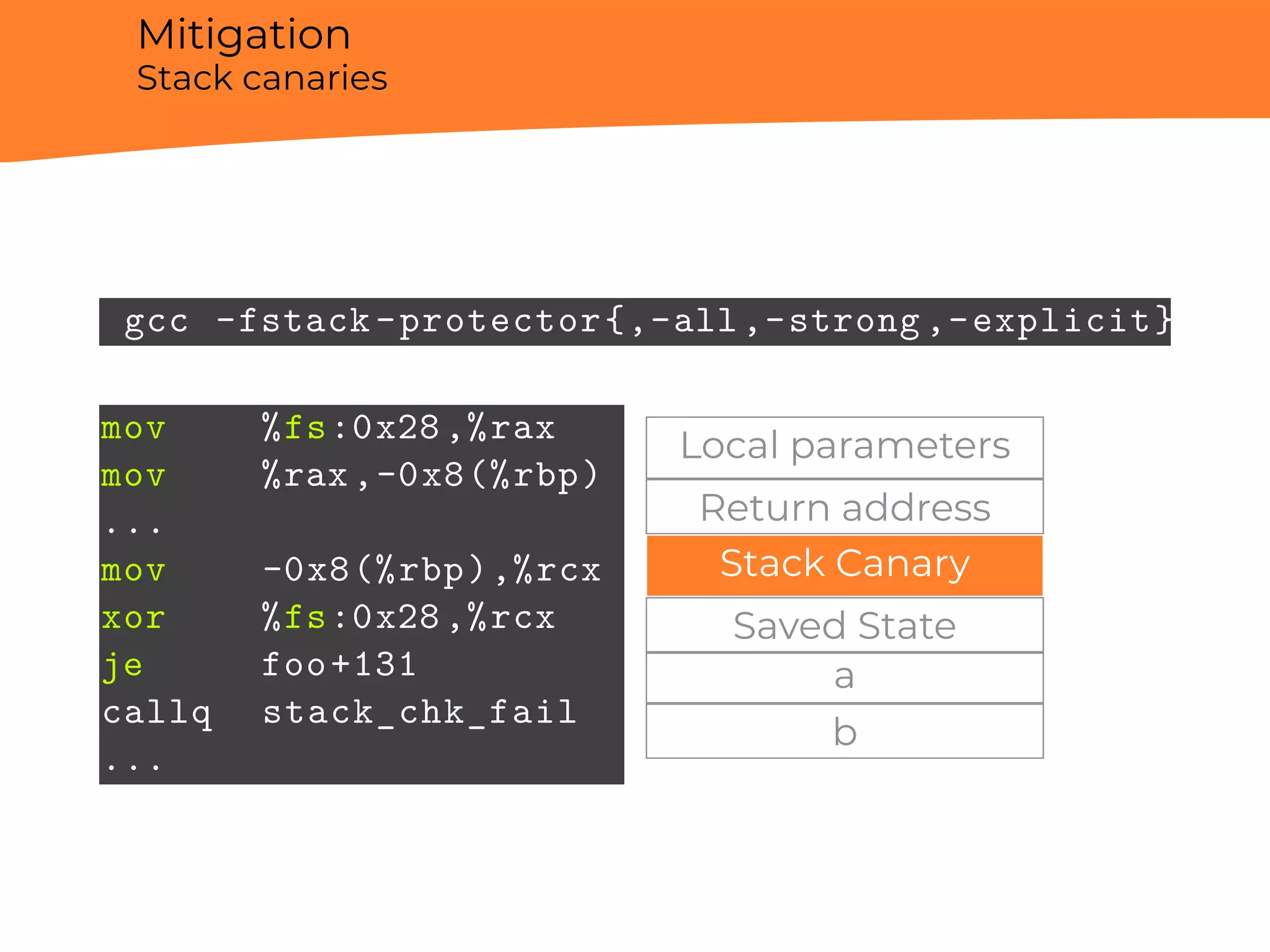 Mitigation
Stack canaries
gcc -fstack-protector{,-all,-strong,-explicit}
mov %fs:0x28,%rax
mov %rax,-0x8(%rbp)
...
mov -0x8(%rbp),%rcx
xor %fs:0x28,%rcx
je foo+131
callq stack_chk_fail
...
Local parameters
Return address
Stack Canary
Saved State
a
b
 