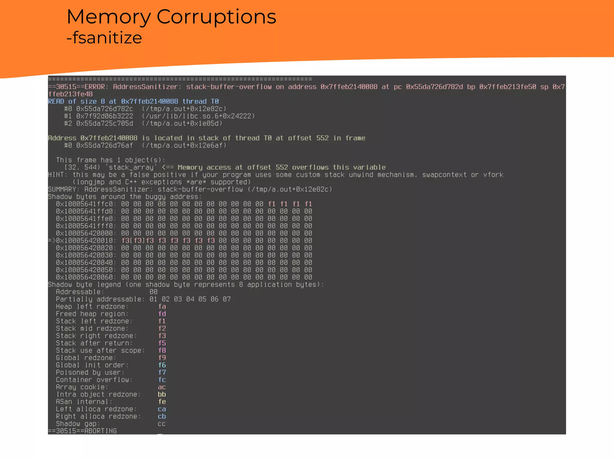 Memory Corruptions
-fsanitize
 