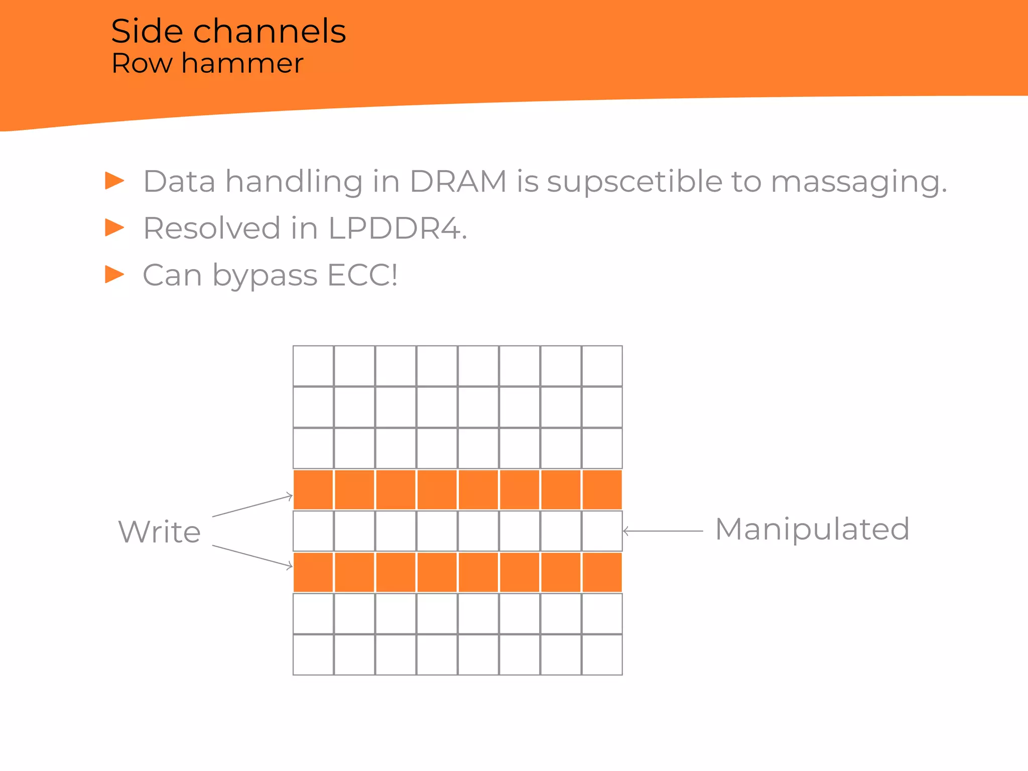 Side channels
Row hammer
▶ Data handling in DRAM is supscetible to massaging.
▶ Resolved in LPDDR4.
▶ Can bypass ECC!
Write Manipulated
 