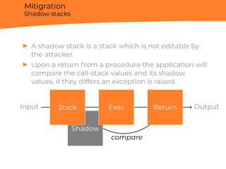 Mitigration
Shadow stacks
▶ A shadow stack is a stack which is not editable by
the attacker.
▶ Upon a return from a procedure the application will
compare the call-stack values and its shadow
values, if they differs an exception is raised.
Shadow
Stack Exec ReturnInput Output
compare
 