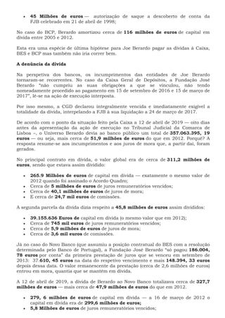  45 Milhões de euros — autorização de saque a descoberto de conta da
FJB celebrado em 21 de abril de 1998;
No caso do BCP, Berardo amortizou cerca de 116 milhões de euros de capital em
dívida entre 2005 e 2012.
Esta era uma espécie de última hipótese para Joe Berardo pagar as dívidas à Caixa,
BES e BCP mas também não iria correr bem.
A denúncia da dívida
Na perspetiva dos bancos, os incumprimentos das entidades de Joe Berardo
tornaram-se recorrentes. No caso da Caixa Geral de Depósitos, a Fundação José
Berardo “não cumpriu as suas obrigações a que se vinculou, não tendo
nomeadamente procedido ao pagamento em 15 de setembro de 2016 e 15 de março de
2017”, lê-se na ação de execução interposta.
Por isso mesmo, a CGD declarou integralmente vencida e imediatamente exigível a
totalidade da dívida, interpelando a FJB à sua liquidação a 24 de março de 2017.
De acordo com o ponto da situação feito pela Caixa a 12 de abril de 2019 — oito dias
antes da apresentação da ação de execução no Tribunal Judicial da Comarca de
Lisboa –, o Universo Berardo devia ao banco público um total de 357.063.395, 19
euros — ou seja, mais cerca de 51,9 milhões de euros do que em 2012. Porquê? A
resposta resume-se aos incumprimentos e aos juros de mora que, a partir daí, foram
gerados.
No principal contrato em dívida, o valor global era de cerca de 311,2 milhões de
euros, sendo que estava assim dividido:
 265.9 Milhões de euros de capital em dívida — exatamente o mesmo valor de
2012 quando foi assinado o Acordo Quadro;
 Cerca de 5 milhões de euros de juros remuneratórios vencidos;
 Cerca de 40,1 milhões de euros de juros de mora;
 E cerca de 24,7 mil euros de comissões.
A segunda parcela da dívida dizia respeito a 45,8 milhões de euros assim divididos:
 39.155.636 Euros de capital em dívida (o mesmo valor que em 2012);
 Cerca de 745 mil euros de juros remuneratórios vencidos;
 Cerca de 5,9 milhões de euros de juros de mora;
 Cerca de 3,6 mil euros de comissões.
Já no caso do Novo Banco (que assumiu a posição contratual do BES com a resolução
determinada pelo Banco de Portugal), a Fundação José Berardo “só pagou 186.004,
78 euros por conta” da primeira prestação de juros que se venceu em setembro de
2013: 37.610, 45 euros na data do respetivo vencimento e mais 148.394, 33 euros
depois dessa data. O valor remanescente da prestação (cerca de 2,6 milhões de euros)
entrou em mora, quantia que se mantém em dívida.
A 12 de abril de 2019, a dívida de Berardo ao Novo Banco totalizava cerca de 327,7
milhões de euros — mais cerca de 47,9 milhões de euros do que em 2012.
 279, 6 milhões de euros de capital em dívida — a 16 de março de 2012 o
capital em dívida era de 299,6 milhões de euros;
 5,8 Milhões de euros de juros remuneratórios vencidos;
 