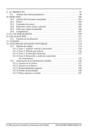 9. EL PRODUCTO . . . . . . . . . . . . . . . . . . . . . . . . . . . . . . . . 93
9.1. Análisis del sistema productivo. . . . . . . . . . . . . . . . . . . . . 98
10. MERCADO . . . . . . . . . . . . . . . . . . . . . . . . . . . . . . . . . . 100
10.1. Análisis del mercado consumidor . . . . . . . . . . . . . . . . . . . 101
10.2. Precio . . . . . . . . . . . . . . . . . . . . . . . . . . . . . . . . . 104
10.3. Conceptos de costos . . . . . . . . . . . . . . . . . . . . . . . . . . 104
10.4. Relaciones entre costos y precios . . . . . . . . . . . . . . . . . . . 105
10.5. Valor que asigna la demanda . . . . . . . . . . . . . . . . . . . . . 106
10.6. Competencia. . . . . . . . . . . . . . . . . . . . . . . . . . . . . . 107
11. EL FACTOR HUMANO . . . . . . . . . . . . . . . . . . . . . . . . . . . 109
12. LOCALIZACIÓN . . . . . . . . . . . . . . . . . . . . . . . . . . . . . . . 111
12.1. Factores de localización . . . . . . . . . . . . . . . . . . . . . . . . 111
13. TAMAÑO . . . . . . . . . . . . . . . . . . . . . . . . . . . . . . . . . . . 112
14. ANÁLISIS DE ESTADOS CONTABLES . . . . . . . . . . . . . . . . . . 114
14.1. Método de trabajo . . . . . . . . . . . . . . . . . . . . . . . . . . . 114
14.1.1.Fase 1: Análisis vertical y horizontal . . . . . . . . . . . . . . . 114
14.1.2.Fase 2: Método por índices . . . . . . . . . . . . . . . . . . . . 116
14.1.3.Fase 3: Evaluación financiera . . . . . . . . . . . . . . . . . . . 127
14.1.4.Fase 4: Desarrollo y modo de exposición
de conclusiones. . . . . . . . . . . . . . . . . . . . . . . . . . . 135
14.2. Adecuación de la información contable . . . . . . . . . . . . . . . . 136
14.2.1.Ajustes en el Activo . . . . . . . . . . . . . . . . . . . . . . . . 137
14.2.2.Ajustes en el Pasivo . . . . . . . . . . . . . . . . . . . . . . . . 139
14.2.3.Responsabilidad supuesta . . . . . . . . . . . . . . . . . . . . . 140
14.2.4.Estado de Resultados. . . . . . . . . . . . . . . . . . . . . . . . 140
14.2.5.Otros aspectos a evaluar . . . . . . . . . . . . . . . . . . . . . . 141
8 / Manual para el Análisis y Evaluación de Crédito APLICACIÓN TRIBUTARIA S.A.
 