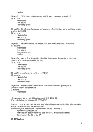 9
1 échec
Objectif 1: Offrir des catalogues de qualité, ergonomiques et évolutifs
15 actions
6 réalisées
4 en cours
5 non engagées
Objectif 2: Développer le réseau et l’associer à la définition de la politique et des
projets de l’ABES
21 actions
13 réalisées
4 en cours
4 non engagées
Objectif 3: Faciliter l’accès aux ressources documentaires des universités
17 actions
8 réalisées
5 en cours
3 non engagées
1 échec
Objectif 4: Mettre à la disposition des établissements des outils et services
garants d’un fonctionnement optimal
22 actions
14 réalisées
1 en cours
7 non engagées
Objectif 5 : Améliorer la gestion de l’ABES
18 actions
14 réalisées
1 en cours
3 non engagées
Objectif 6: Mieux insérer l’ABES dans son environnement politique, 3
universitaire et de recherche
3 actions
3 réalisées
- Préparation du projet d’établissement (PE) 2011-2014
D’abord réaliser le bilan du PE 2008-2010.
Souhait : que le prochain PE soit une véritable contractualisation, pluriannuelle,
sur le modèle de celui des universités
Méthodologie d’élaboration : réflexion en cours. Concilier :
Démarche collaborative
Participation des personnels, des réseaux, d’experts externes
Contribution du CS et du CA
8) Difficultés
 