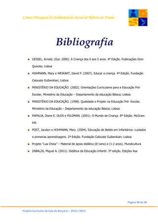Centro Paroquial de Solidariedade Social de Ribeira de Frades
Página 38 de 38
Projeto Curricular de Sala do Berçário – 2012 / 2013
Bibliografia
GESSEL, Arnold. (Out. 2000). A Criança dos 0 aos 5 anos. 4ª Edição. Publicações Dom
Quixote; Lisboa
HOHMANN, Mary e WEIKART, David P. (2007). Educar a criança. 4ª Edição. Fundação
Calouste Gulbenkian; Lisboa
MINISTÉRIO DA EDUCAÇÃO. (2002). Orientações Curriculares para a Educação Pré-
Escolar, Ministério da Educação – Departamento da educação Básica; Lisboa
MINISTÉRIO DA EDUCAÇÃO. (1998). Qualidade e Projeto na Educação Pré- Escolar.
Ministério da Educação – Departamento da educação Básica; Lisboa
PAPALIA, Diane E. OLDS e FELDMAN. (2001). O Mundo da Criança. 8ª Edição. McGraw-
Hill.
POST, Jacalyn e HOHMANN, Mary. (2004). Educação de Bebés em Infantários- cuidados
e primeiras aprendizagens. 2ª Edição. Fundação Calouste Gulbenkian; Lisboa
Projeto “Lua Cheia” – Material de apoio didático (0-1ano) e (1-2 anos). Mundicultura
ZABALZA, Miguel A. (2011). Didática da Educação Infantil. 3ª edição. Edições Asa
 